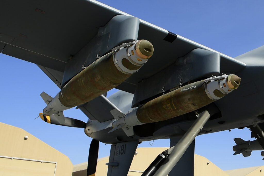 An MQ-9 Reaper, assigned to the 62nd Expeditionary Reconnaissance Squadron, armed with four GBU-38 Joint Direct Attack Munition parks on a flightline before a mission on Kandahar Airfield, Afghanistan Feb. 22, 2018. The 62nd ERS provides close air support, intelligence, surveillance and reconnaissance capabilities in Afghanistan.(U.S. Air Force Photo by Tech. Sgt. Paul Labbe)